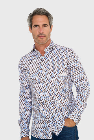 Koszula męska w geometryczny wzór w odcieniach brązu i błękitu