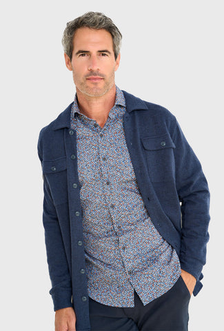 Koszula męska w drobny wzór w odcieniach granatu, błękitu i rdzawej czerwieni