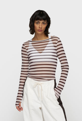 Prześwitująca koszulka z długim rękawem w brązowo-białe paski