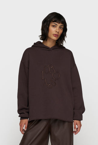 Czekoladowa bluza z kapturem z luźnym krojem i tonalnym haftem