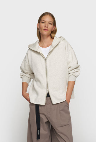 Krótka melanżowa beżowa rozpinana bluza z kapturem i haftem