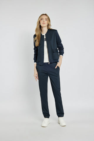 Elegancki granatowy komplet z bluzą i spodniami w prążki