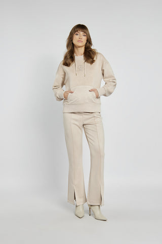 Welwetowy beżowy komplet dresowy z rozszerzanymi nogawkami