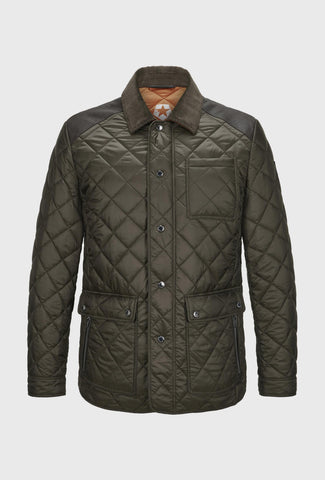 Zielona kurtka pikowana z brązowym kołnierzem