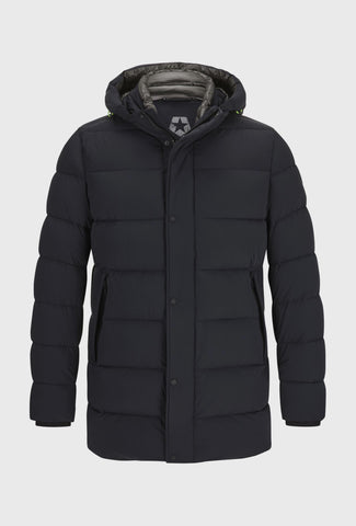 Męska długa pikowana kurtka z kapturem