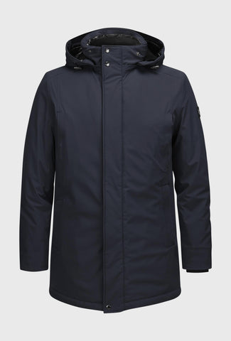 Granatowy długi płaszcz z pikowanym ociepleniem