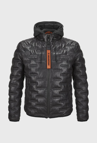 Męska skórzana kurtka z pikowaniem i kapturem