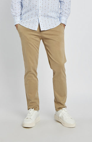 Męskie spodnie materiałowe beżowe z ozdobnymi przeszyciami