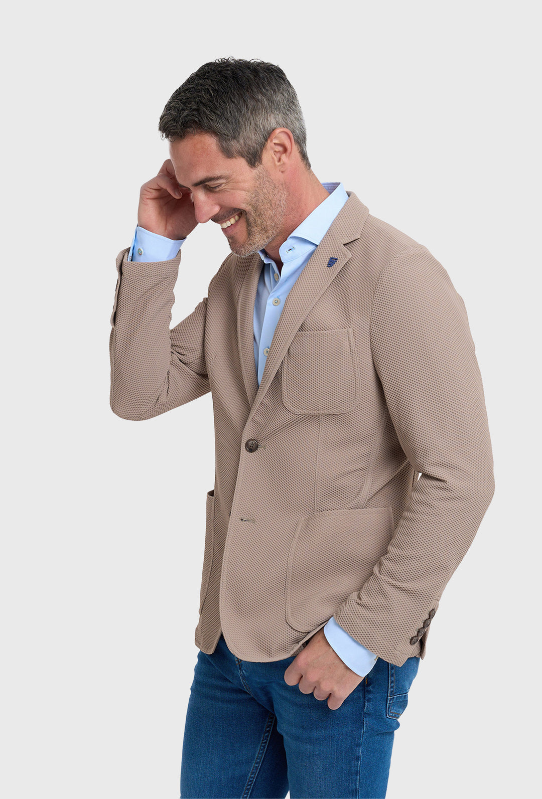Beżowa marynarka męska z tkaniny strukturalnej