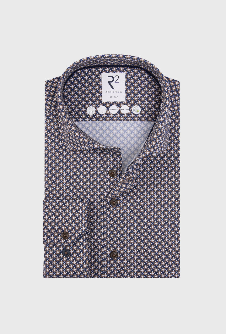 Koszula męska we wzór geometryczny w odcieniach granatu i beżu