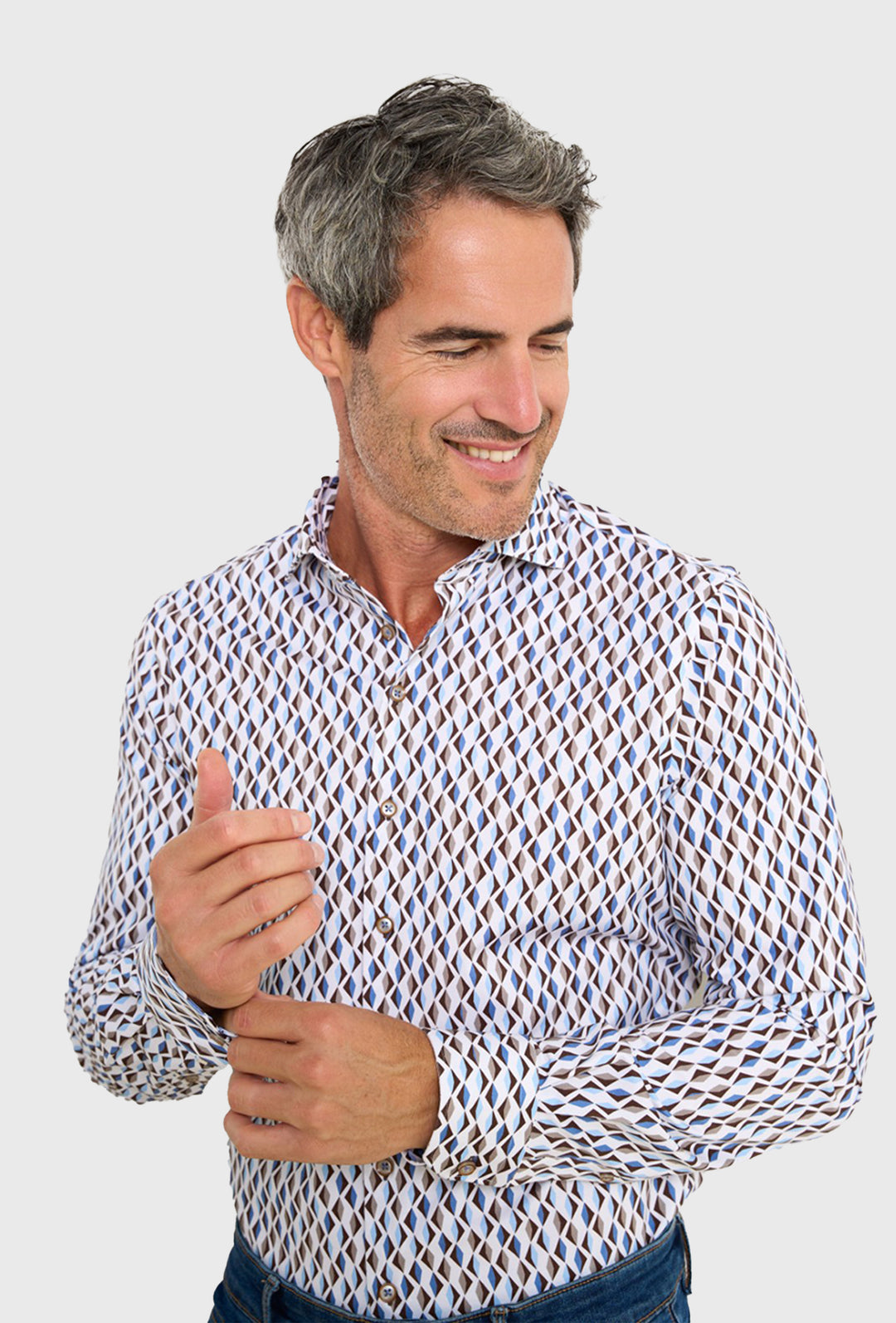 Koszula męska w geometryczny wzór w odcieniach brązu i błękitu