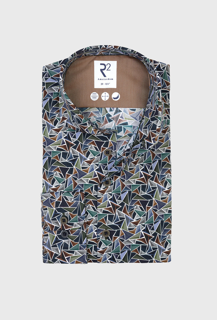 Koszula męska w geometryczny wzór w odcieniach zieleni, brązu i granatu