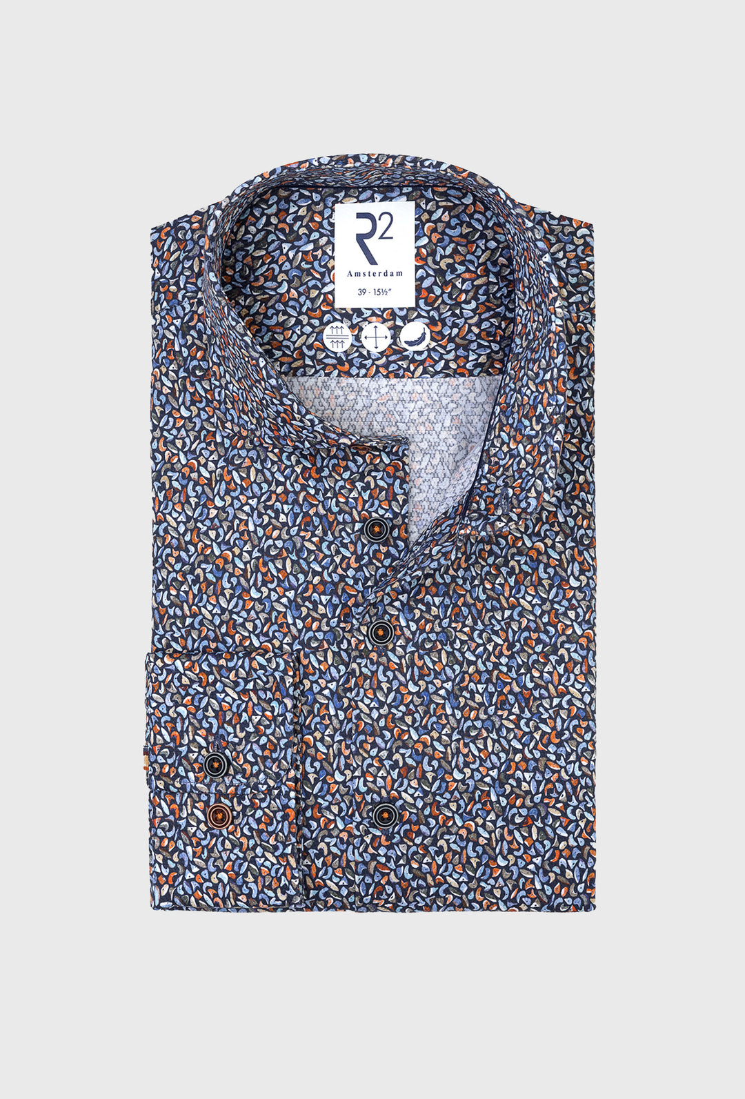 Koszula męska w drobny wzór w odcieniach granatu, błękitu i rdzawej czerwieni