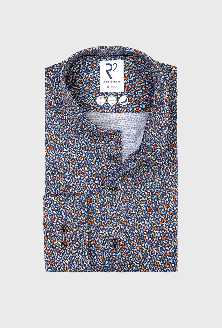 Koszula męska w drobny wzór w odcieniach granatu, błękitu i rdzawej czerwieni