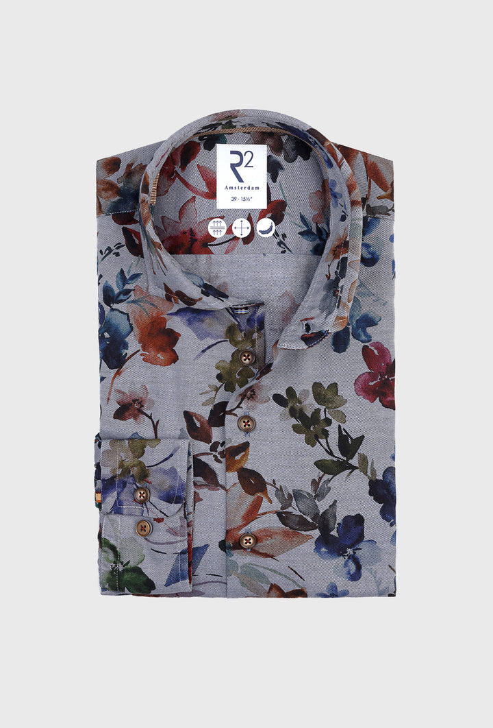 Szara koszula męska w kwiatowy wzór w odcieniach jesieni