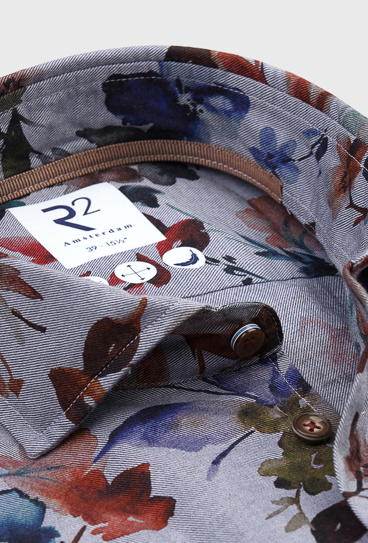 Szara koszula męska w kwiatowy wzór w odcieniach jesieni