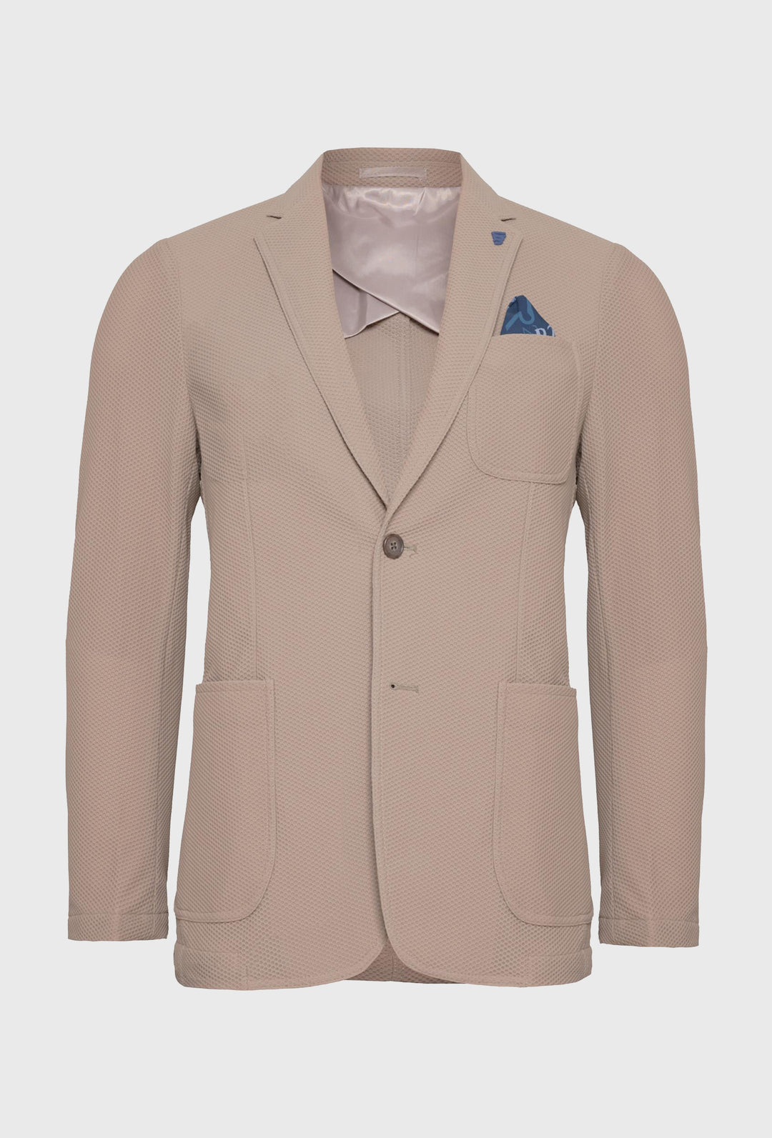 Beżowa męska marynarka o unikalnej strukturze plastra miodu