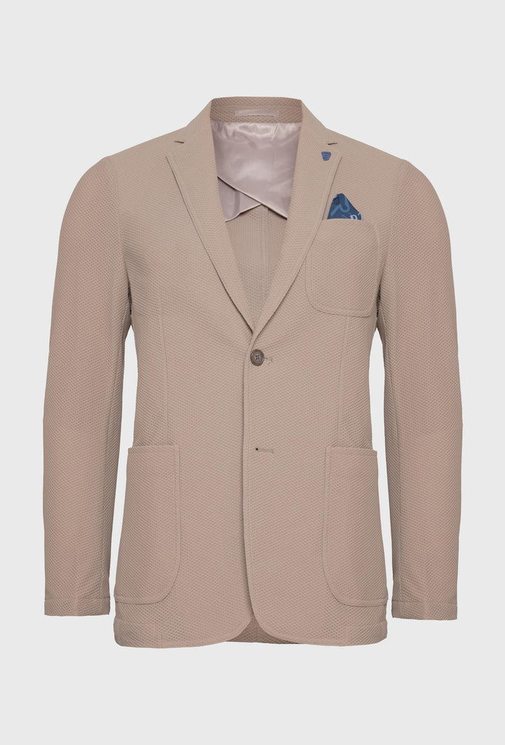 Beżowa męska marynarka o unikalnej strukturze plastra miodu