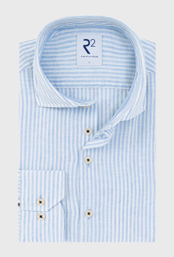 Niebieska koszula męska w szerokie pionowe pasy