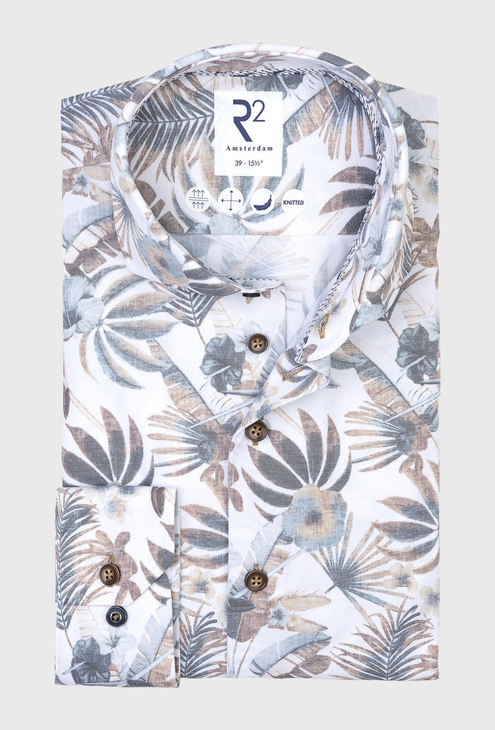 Biała koszula męska w egzotyczny wzór liści