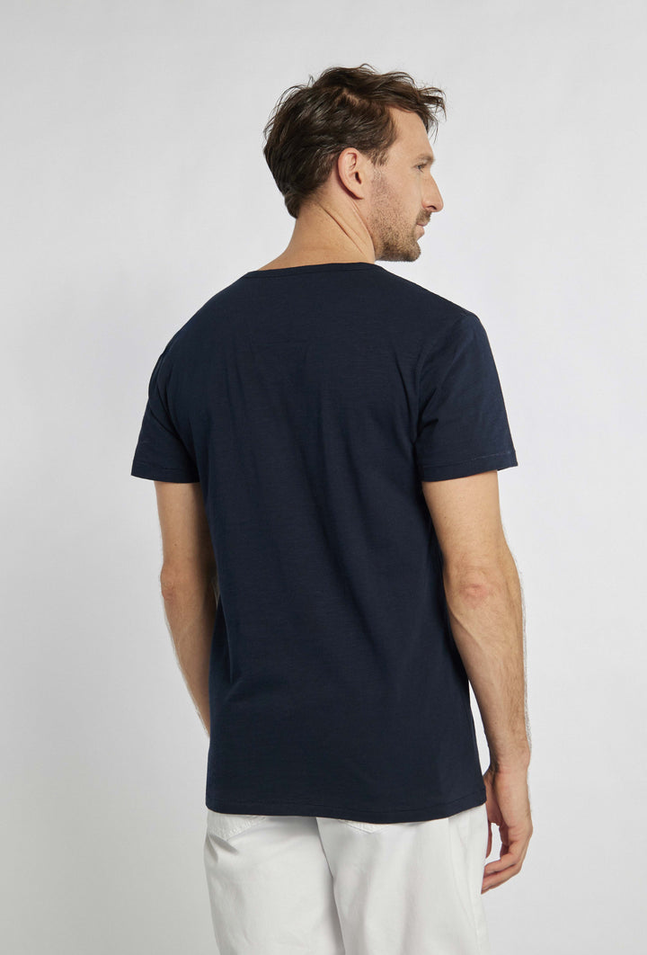 Granatowy t-shirt z krótkim rękawem, nadrukiem i zdobnymi guziczkami