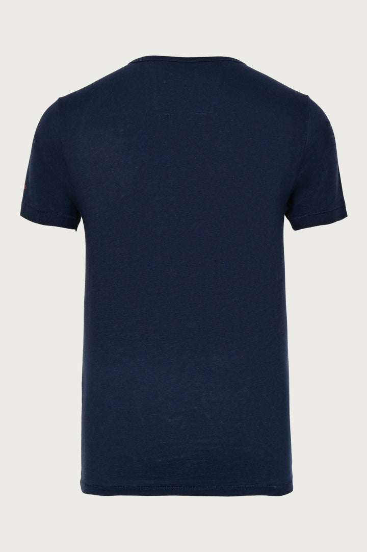 Granatowy t-shirt z krótkim rękawem, nadrukiem i zdobnymi guziczkami