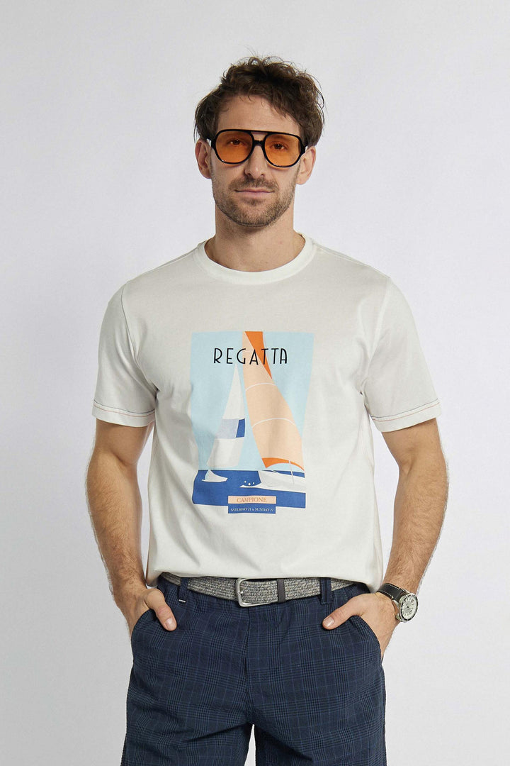 Biały t-shirt z nadrukiem żeglarskim nadrukiem