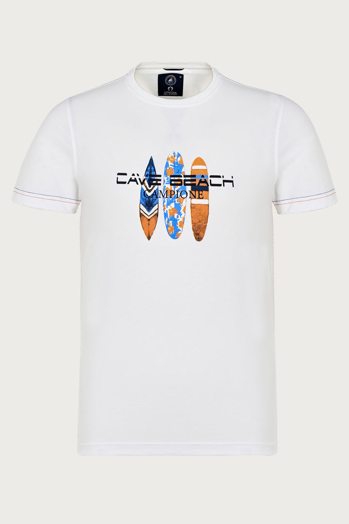 T-shirt w kolorze ecru z surferskim nadrukiem