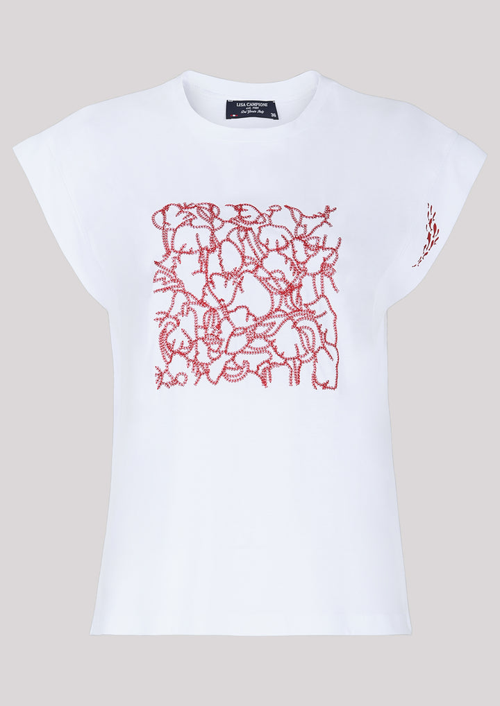 Biały t-shirt z kontrastowym nadrukiem w czerwonym kolorze