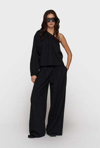 Czarny lniany komplet na jedno ramię ze spodniami