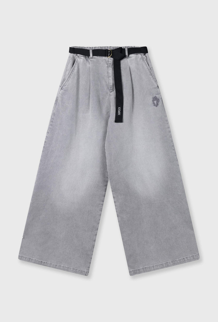 Spodnie wide leg z denimu z paskiem i haftem logo