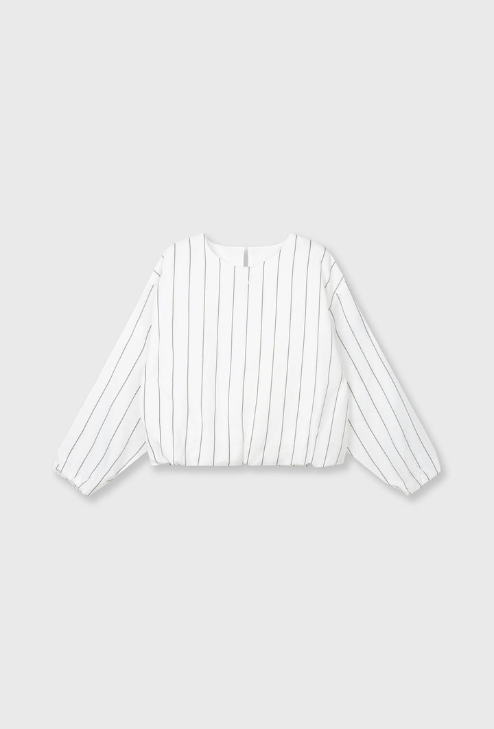 Kremowa bluzka w pionowy prążek z bufowanymi rękawami