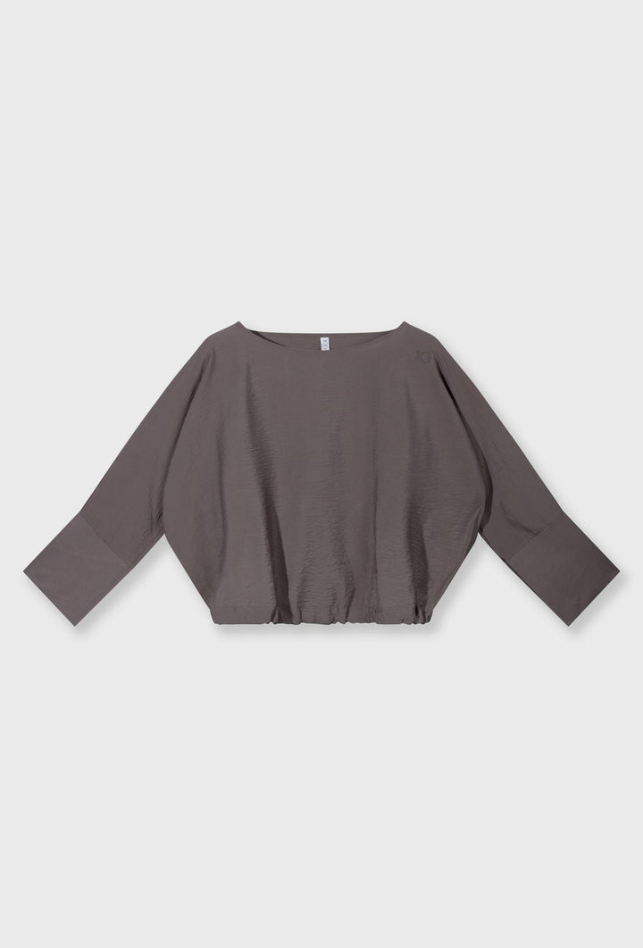 Satynowy taupe komplet oversize z szerokimi nogawkami
