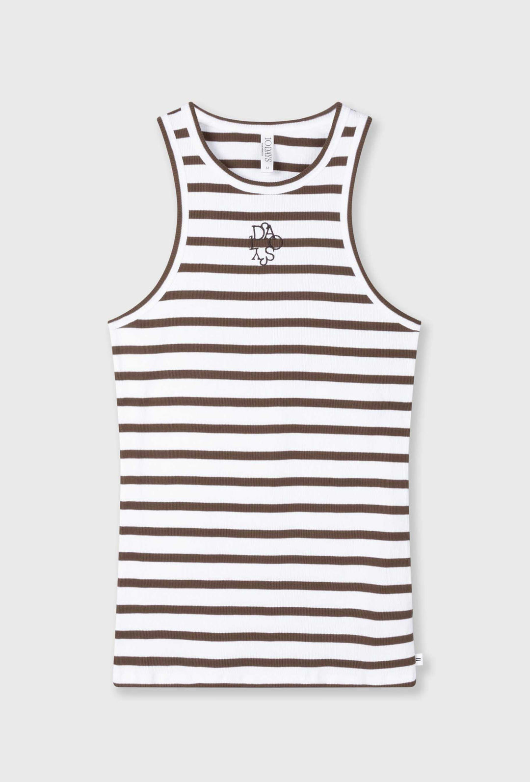 Top w biało-brązowe paski z dekoltem typu racer