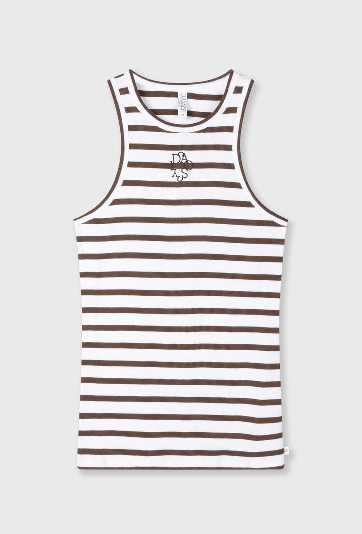 Top w biało-brązowe paski z dekoltem typu racer