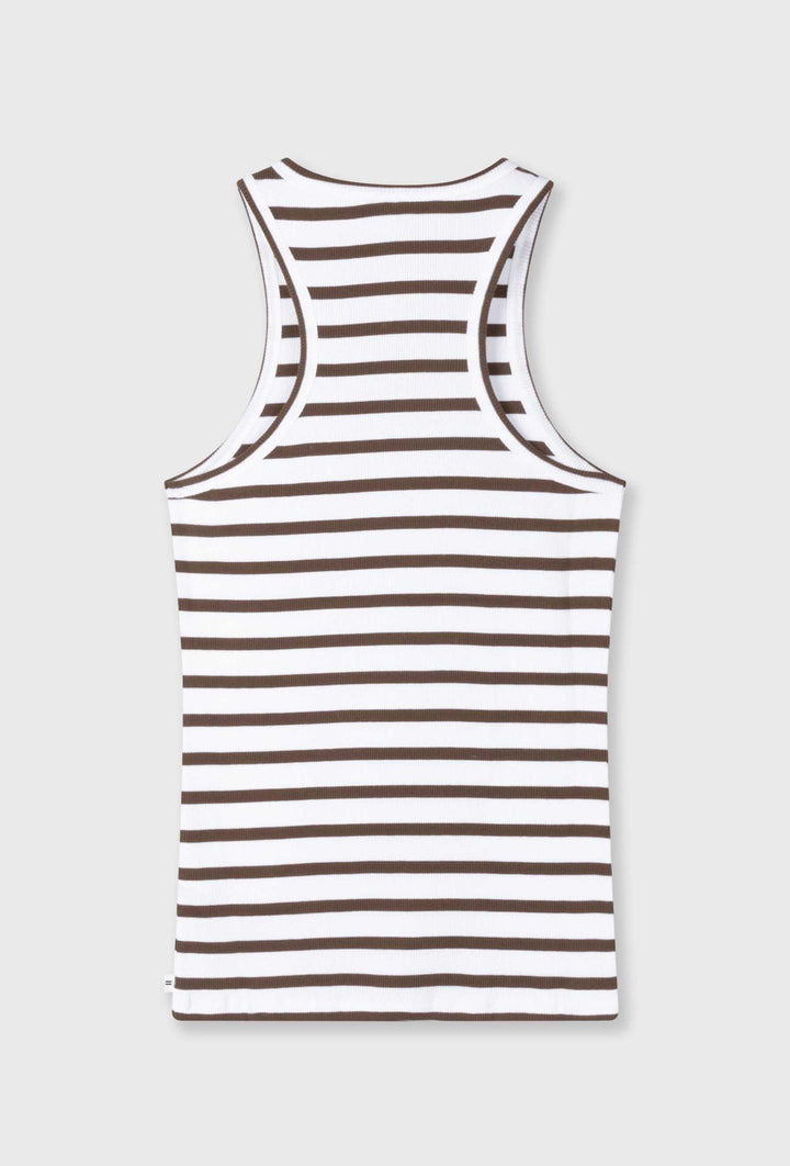 Top w biało-brązowe paski z dekoltem typu racer