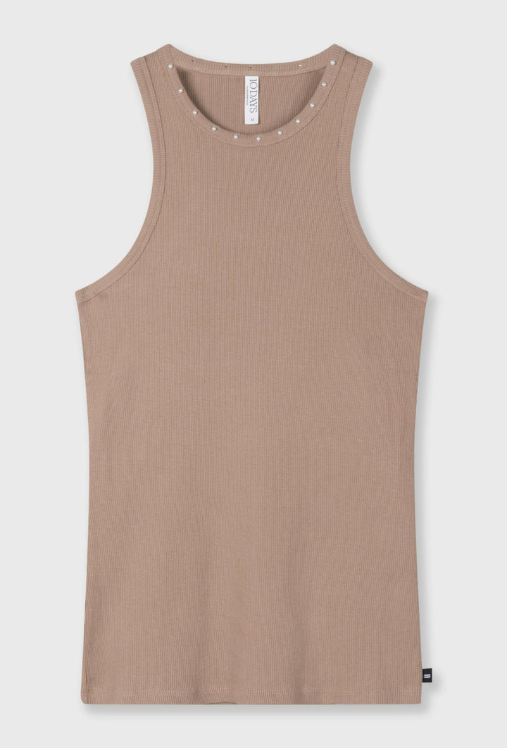 Top bez rękawów z prążkowanej dzianiny z aplikacją pereł