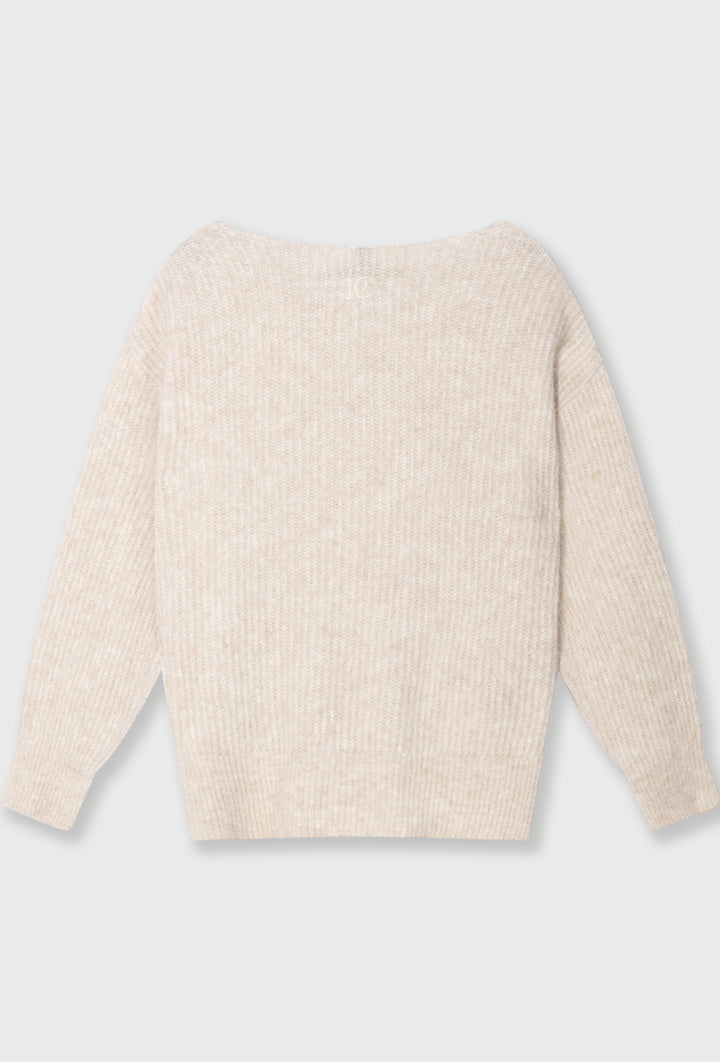 Beżowy sweter z dekoltem w serek
