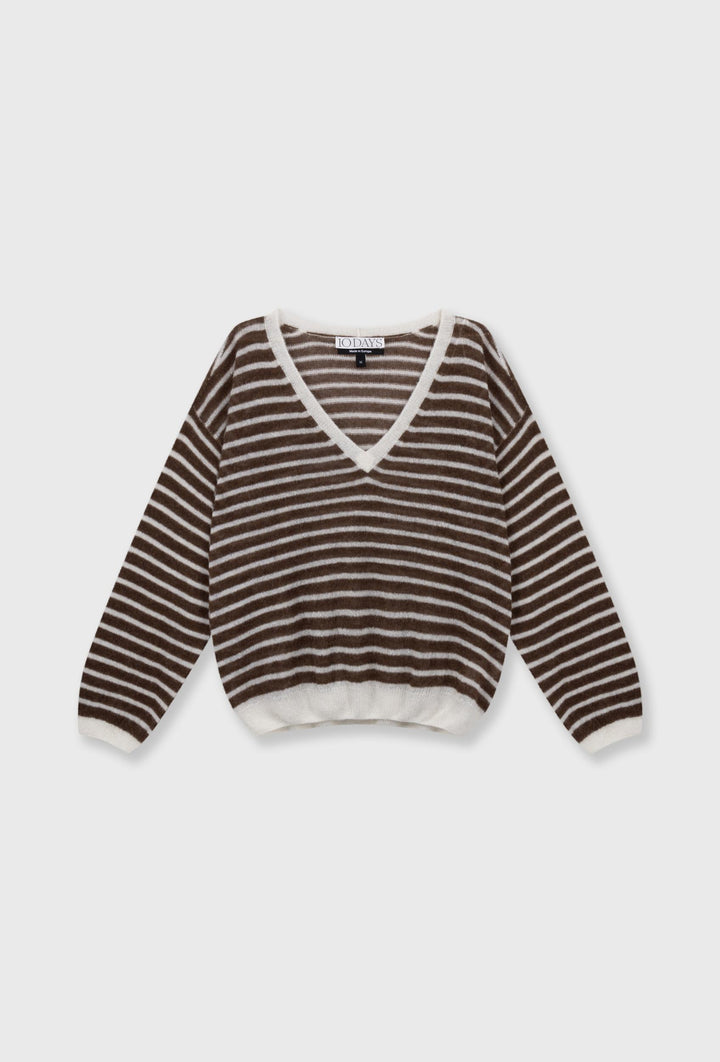 Dzianinowy sweter w paski z dekoltem "V"