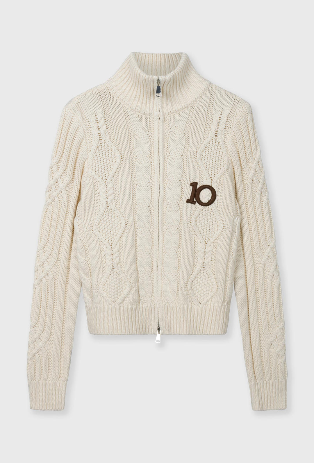 Kremowy sweter zapinany na zamek z warkoczowym splotem i logo 10