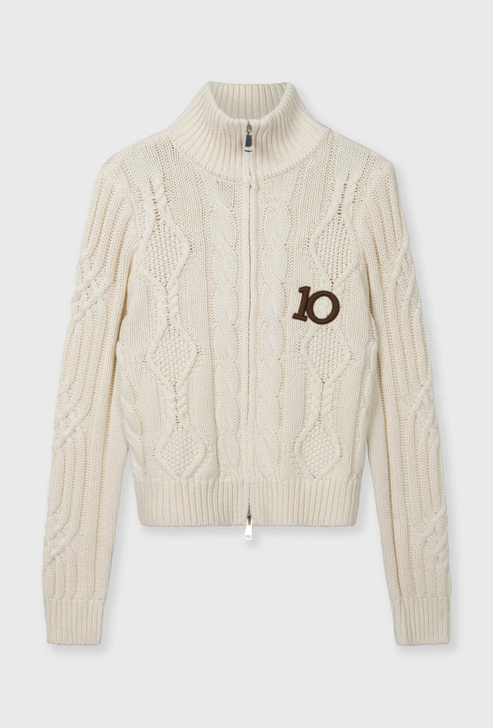 Kremowy sweter zapinany na zamek z warkoczowym splotem i logo 10