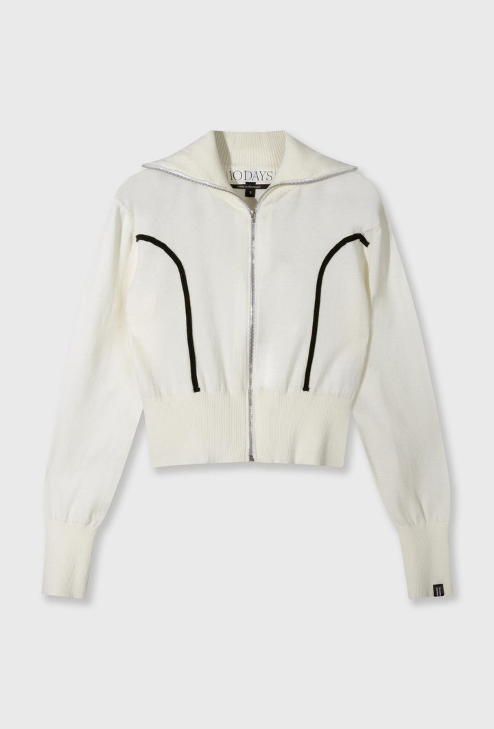 Krótki kardigan dresowy z kontrastowymi przeszyciami  w kolorze ecru