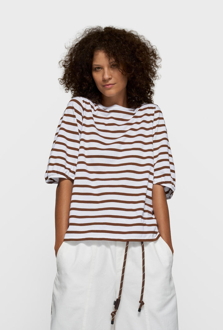 Bawełniany T-shirt w paski z bufką rękawa