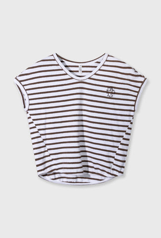 Brązowo-biały T-shirt w paski z haftowanym logo