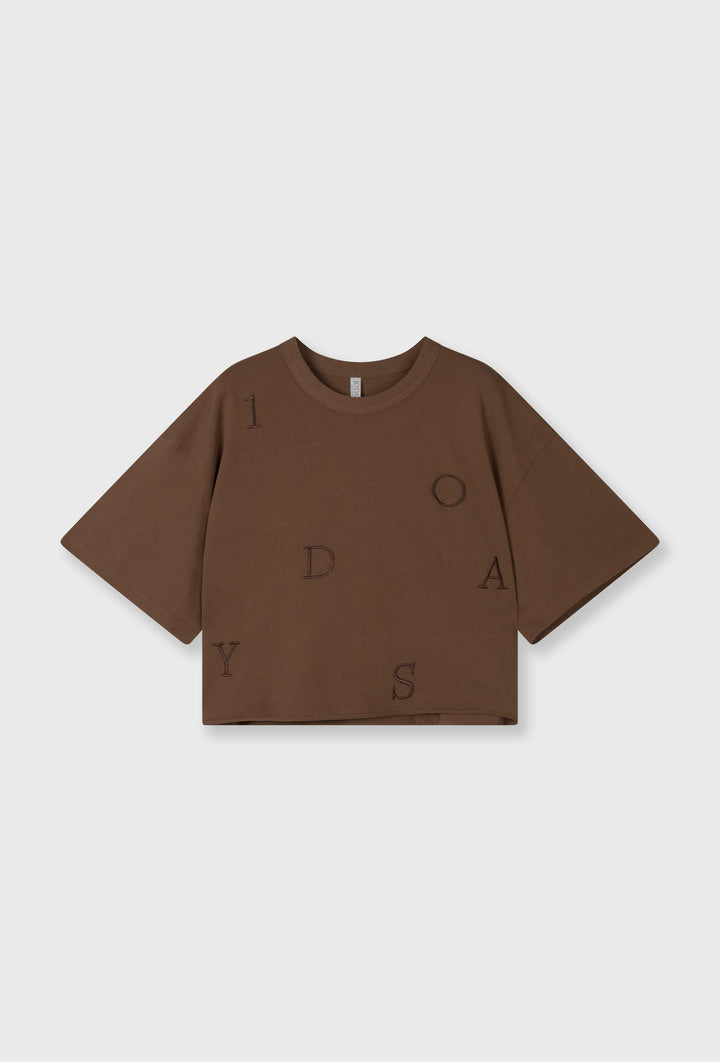 Brązowy T-shirt z haftowanymi literami