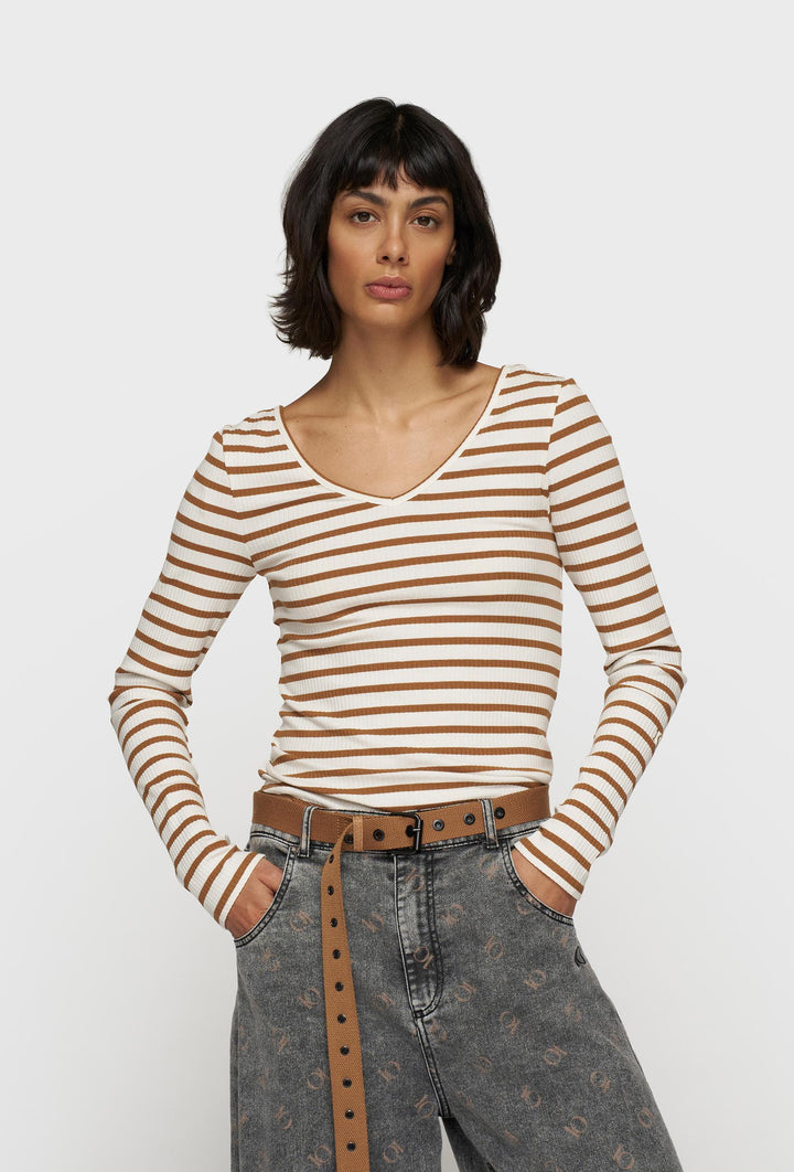 Bluzka z długim rekawem z dekoltem w serek w paski
