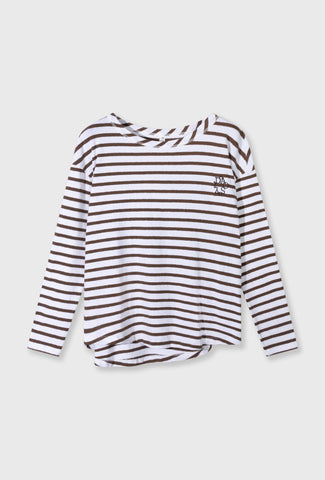 Brązowo-biała bluzka w paski z długim rękawem i haftowanym logo