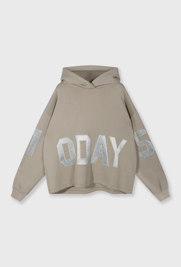 Bawełniana bluza oversize z kapturem i metalicznym napisem taupe
