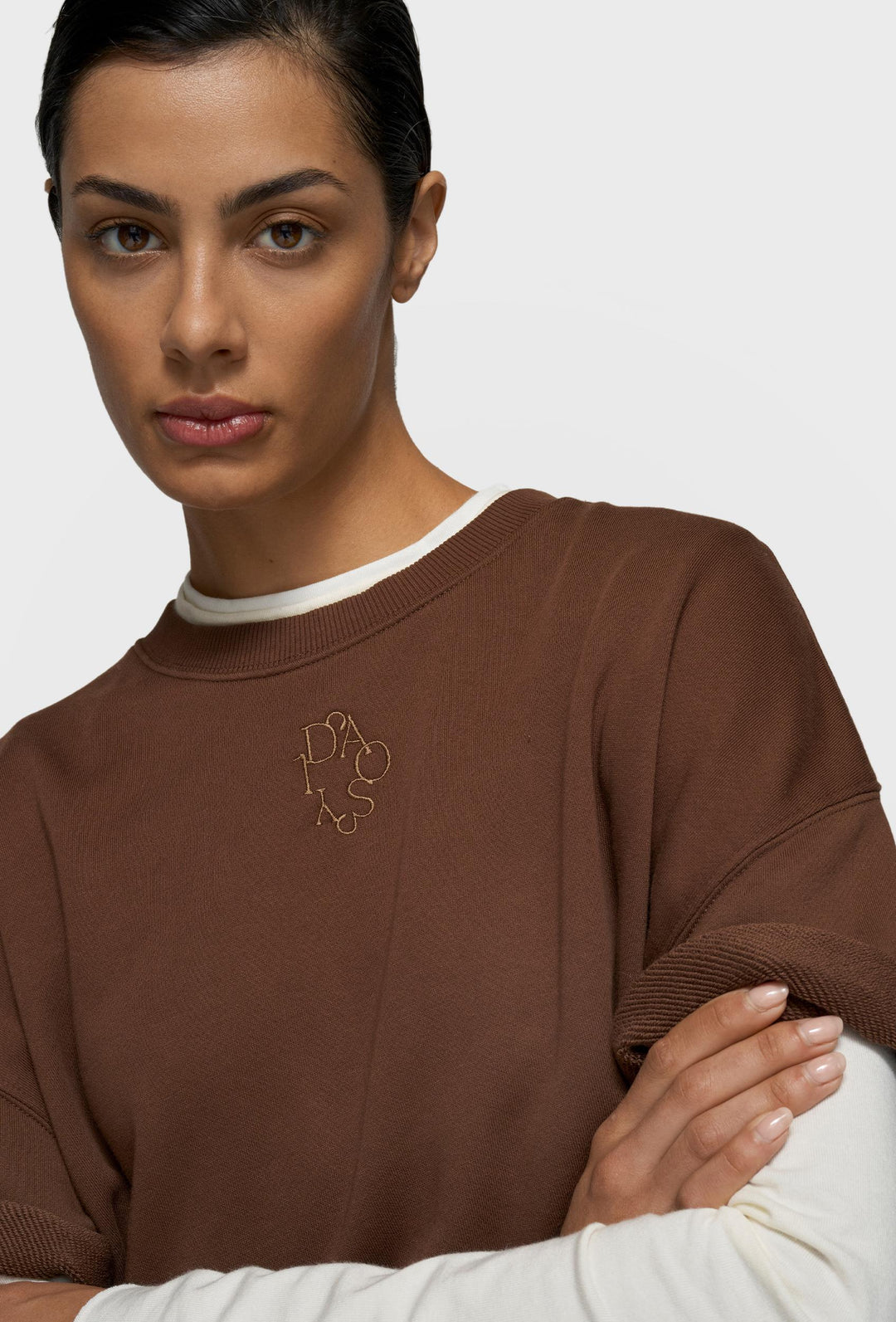 Brązowa bluza krótki rękaw oversize 10DAYS z haftowanym logo