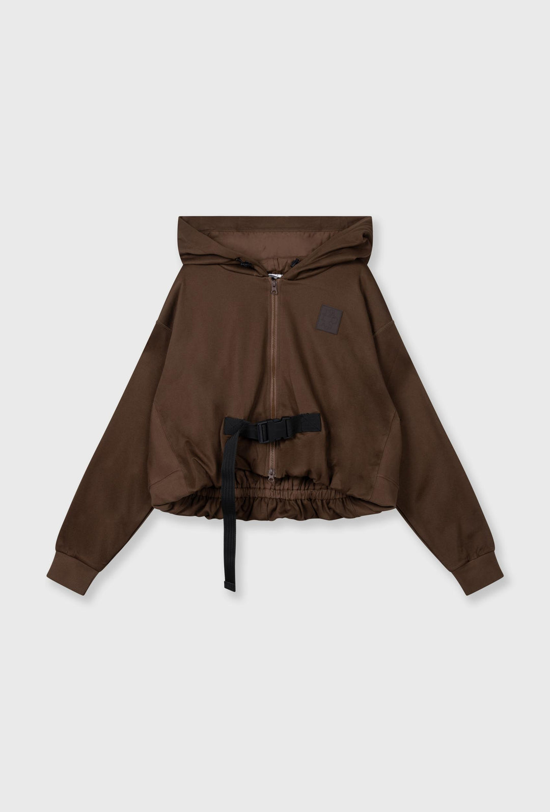 Krótka brązowa bluza z kapturem 10DAYS z paskiem i klamrą